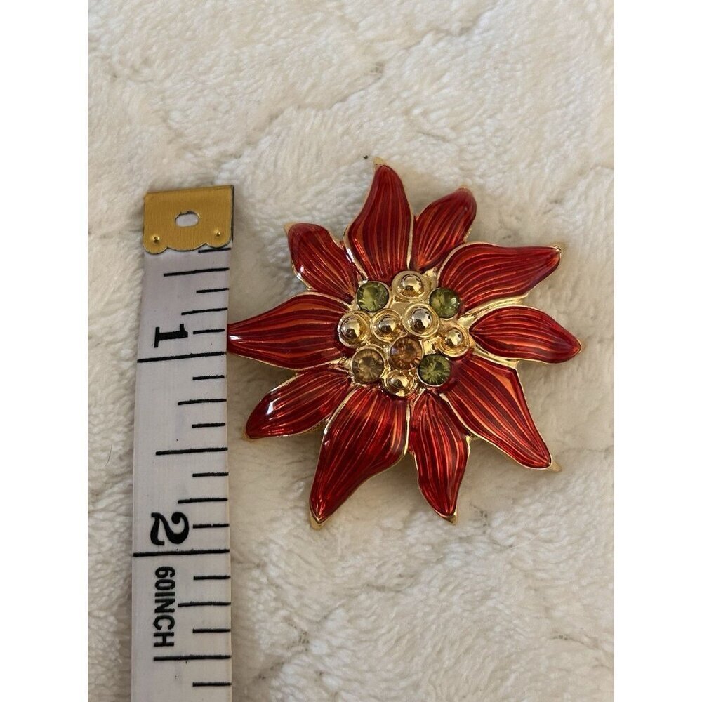 Poinsettia Christmas Holiday Brooch Christopher Radko Jeweled Enamel Pin Vtg - Picture 2 of 5